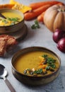 Bowls served with seasonal pumpkin soup Royalty Free Stock Photo