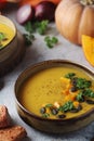 Bowls served with seasonal pumpkin soup Royalty Free Stock Photo