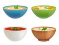 Bowls with soup. Gazpacho chicken puree soup with fish decent vector containers with liquid products