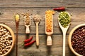 Bowls and spoons of various legumes Royalty Free Stock Photo