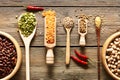 Bowls and spoons of various legumes Royalty Free Stock Photo