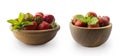 Bowls with strawberries isolated on white background. Ripe strawberries close-up. Background berry. Sweet and juicy berry with cop Royalty Free Stock Photo