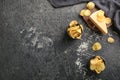 Bowls with tasty crispy potato chips and cheese on grey table Royalty Free Stock Photo