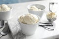 Bowls with tasty vanilla ice cream Royalty Free Stock Photo