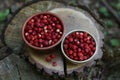 Bowls of tasty wild strawberries on stump outdoors, above view