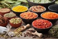 Bowls of various aromatic spices and culinary herbs. Different seasoning. Condiments for cooking Royalty Free Stock Photo
