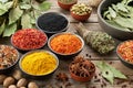 Bowls of various aromatic spices and herbs. Different seasoning. Condiments for cooking