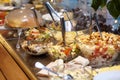 Bowls with various food in self service restaurant Royalty Free Stock Photo