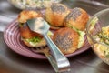 Bowls with various food in self service restaurant Royalty Free Stock Photo