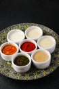 Bowls of various sauces on plate and black background closeup Royalty Free Stock Photo