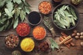 Bowls of various spices. Different seasoning. Ayurveda remedies. Top view, flat lay Royalty Free Stock Photo