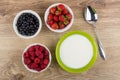 Bowls with yogurt, blueberries, raspberries, strawberries and sp Royalty Free Stock Photo