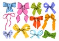 Femininity colorful flat set of cartoon ribbons, bows and accessories in different size and shapes. Royalty Free Stock Photo