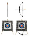 Bows, arrows and archery targets on white background Royalty Free Stock Photo