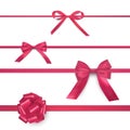 Bows on horizontal thin wide ribbons realistic set. Festive red satin silk decorations collection