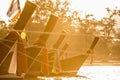 Bows of long-tail boats moored on a Phuket beach bathed