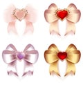 Bows of satin and silk ribbons with hearts and gold ornaments decoration Royalty Free Stock Photo
