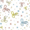 Bows and stars, moons seamless pattern. White background. Cartoon style. Patch for wrap, textile. Elements for decoration.