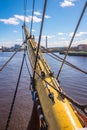 Bowsprit ropes rigging masts and stays on traditional sailing ship