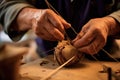 bowstring being tightened on a traditional wooden bow