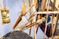 Bowyer, master craftsman, workshop with arrows, bows and quivers Royalty Free Stock Photo