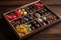 box of assorted chocolates with an assortment of fruits and nuts