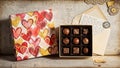 A box of assorted chocolates and a heart-patterned gift box on a decorative table Royalty Free Stock Photo