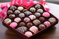 Box of assorted chocolates with pink ribbon on a wooden table, A box of assorted Valentine\'s Day chocolates, AI Generated Royalty Free Stock Photo