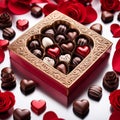 Box of assorted chocolates and red rose petals on white background, Valentines day present Royalty Free Stock Photo