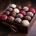 Box of assorted chocolates on a wooden table, closeup view