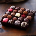 Box of assorted chocolates on a wooden table, closeup view