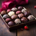 Box of assorted chocolates on a wooden table, closeup view