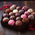 Box of assorted chocolates on a wooden table, closeup view