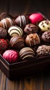 Box of assorted chocolates on a wooden table, closeup view