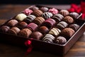 Box of assorted chocolates on a wooden table, closeup view