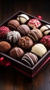 Box of assorted chocolates on a wooden table, closeup view