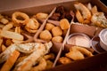 Box assorted snacks deep-fried beer Royalty Free Stock Photo