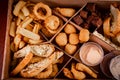 A box assorted snacks deep-fried beer Royalty Free Stock Photo