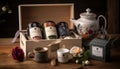 A box of assorted teas and a teapot ai, ai generative, illustration