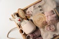 Box with baby clothes, shoes and accessories on light background, top view Royalty Free Stock Photo