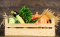 Box or basket harvest vegetables wooden background. Excellent quality vegetables. Grocery shop concept. Delivery service Royalty Free Stock Photo