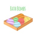 Box with bath bombs. Cartoon flat set. Nature organic soap Royalty Free Stock Photo