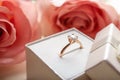 Box with beautiful engagement ring, closeup