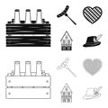 Box with beer, fried sausage, heart of the festival, bavarian cottage. Oktoberfest set collection icons in black,outline