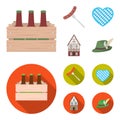 Box with beer, fried sausage, heart of the festival, bavarian cottage. Oktoberfest set collection icons in cartoon,flat