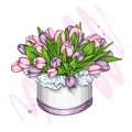 Box with a bouquet of tulips. Spring and flowers. March 8. Vector illustration for postcard or poster, print.