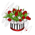 Box with a bouquet of tulips. Spring and flowers. March 8. Vector illustration for postcard or poster, print.