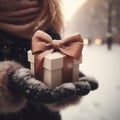 a box with a bow in the hand of a girl in a glove closeup in winter on the street during a snowfall. ai generative