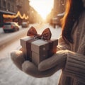 a box with a bow in the hand of a girl in a glove closeup in winter on the street during a snowfall. ai generative