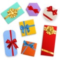 Box with bows. Gifts color boxes with red, blue and gold ribbons, birthday, christmas or valentine day presents stylish Royalty Free Stock Photo